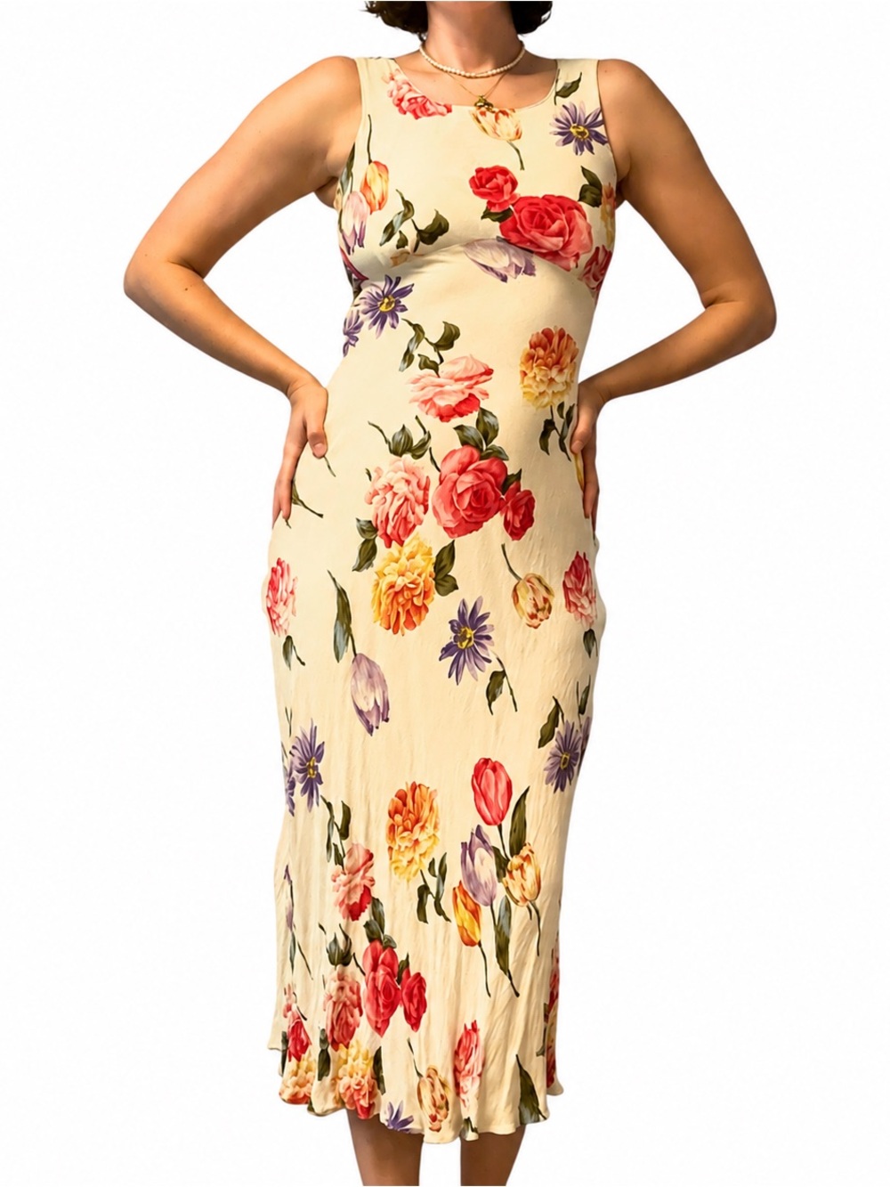 Nostalgia Floral Midi Dress in Cream with Red & Purple Blooms